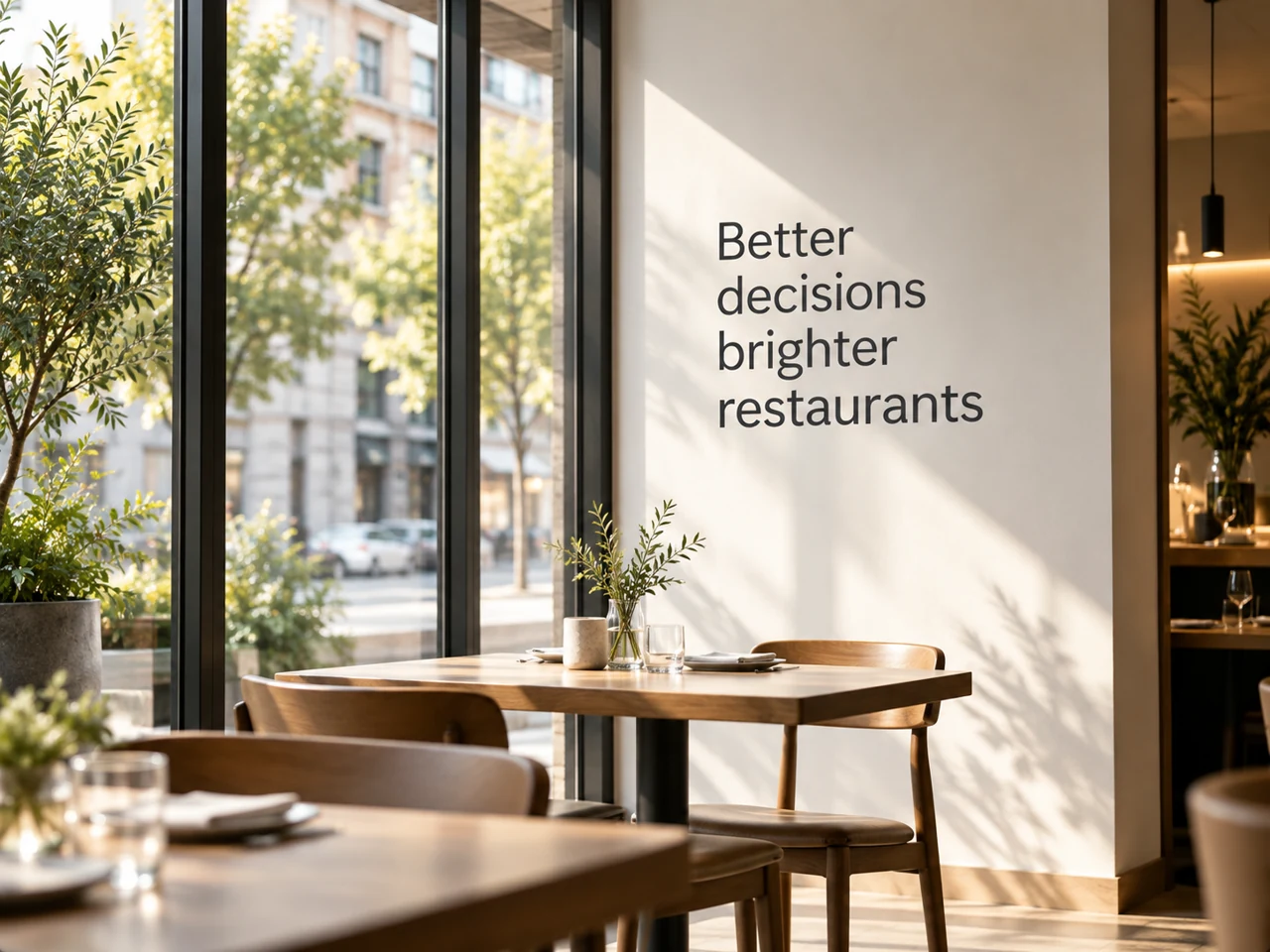Sunlit modern restaurant interior with the words Better decisions brighter restaurants on the wall