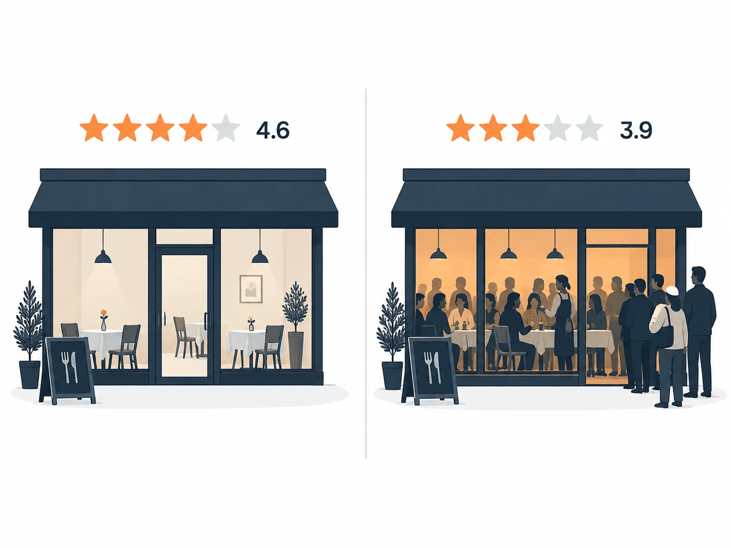 A higher-rated quiet restaurant compared with a lower-rated busy restaurant.
