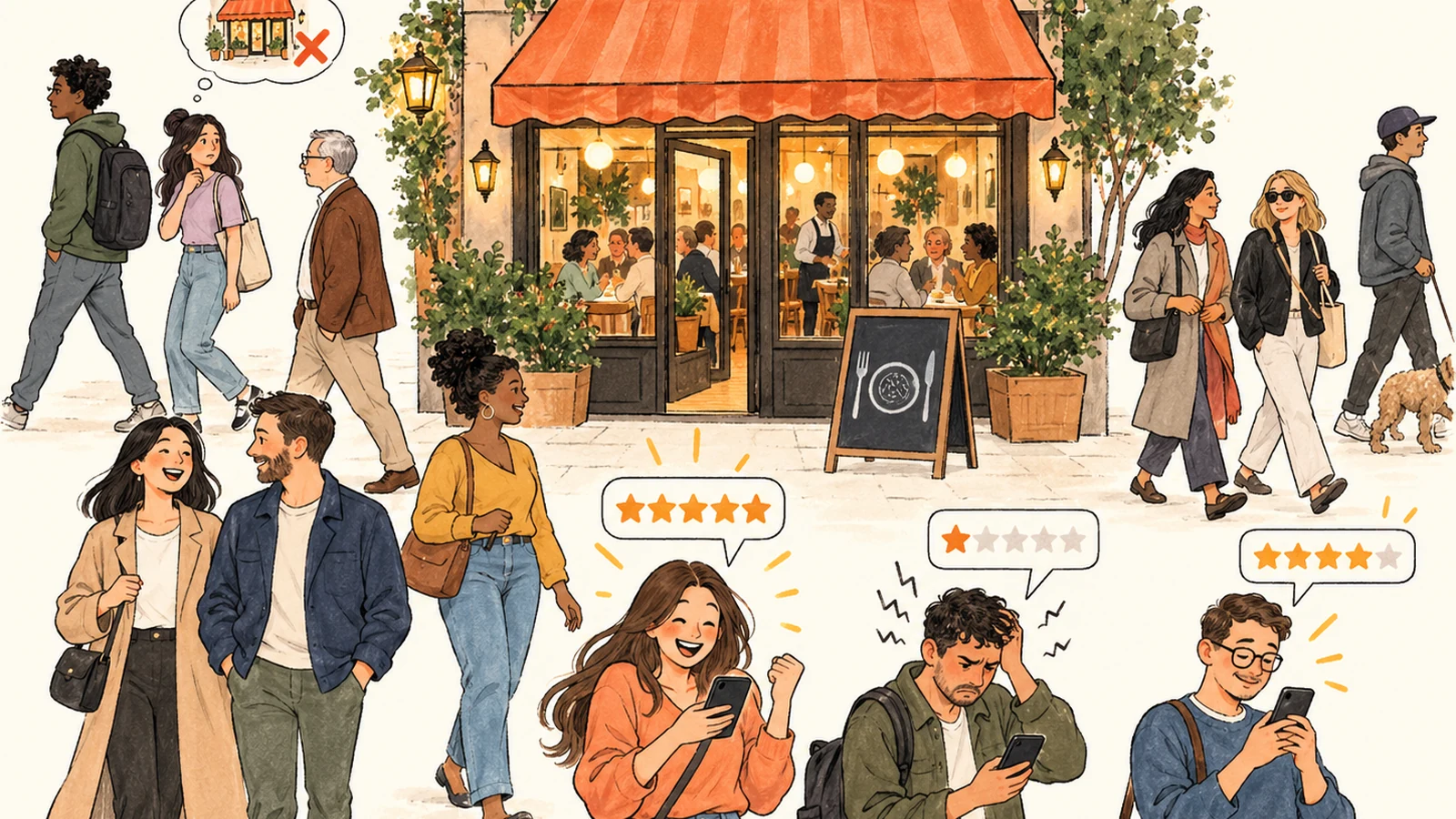 Hand-drawn illustration of a restaurant with passers-by, happy and unhappy reviewers, and many silent diners who do not leave reviews.