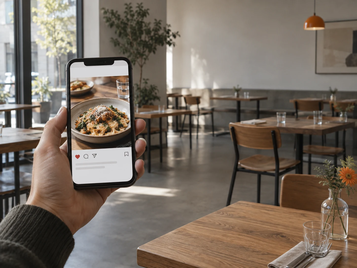 A restaurant food post on a phone in front of a quiet dining room, showing the gap between online attention and restaurant visits.