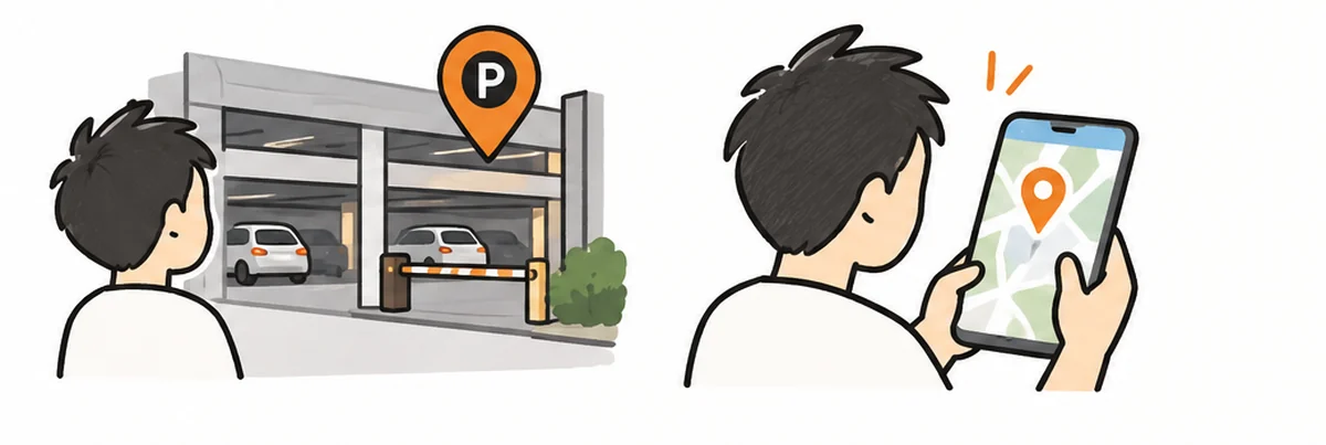 Hand-drawn scene showing a parking garage and a phone map, representing clearer parking directions and alternatives.