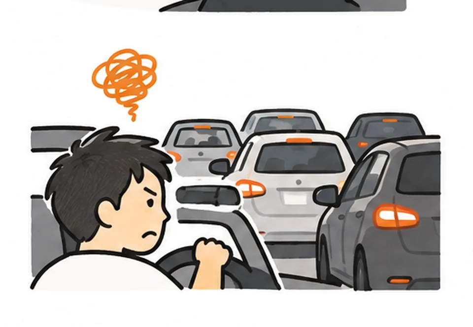 Hand-drawn driver stuck among cars while searching for restaurant parking.