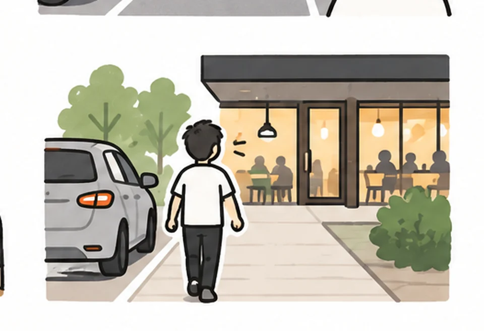Hand-drawn customer walking a short distance from a parked car to a restaurant entrance.