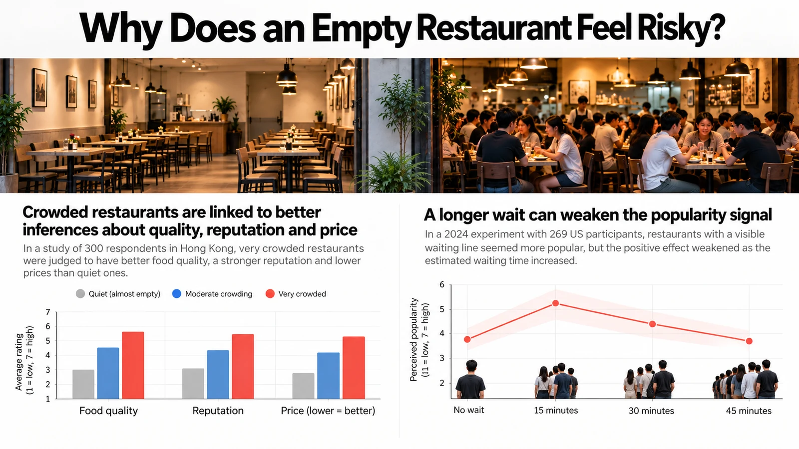 A diner standing between an empty restaurant and a busy restaurant, illustrating social proof and perceived restaurant popularity.