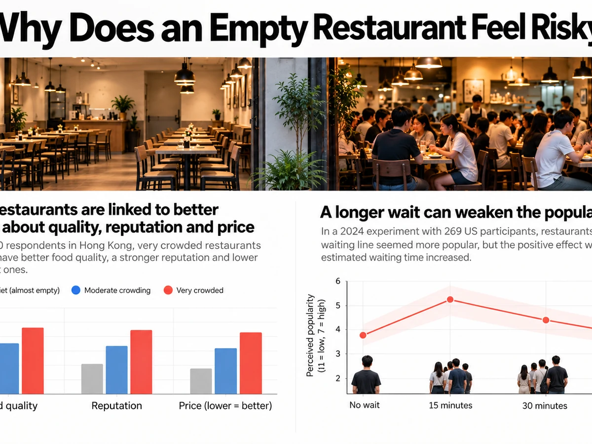 A diner choosing between an empty restaurant and a busy restaurant.