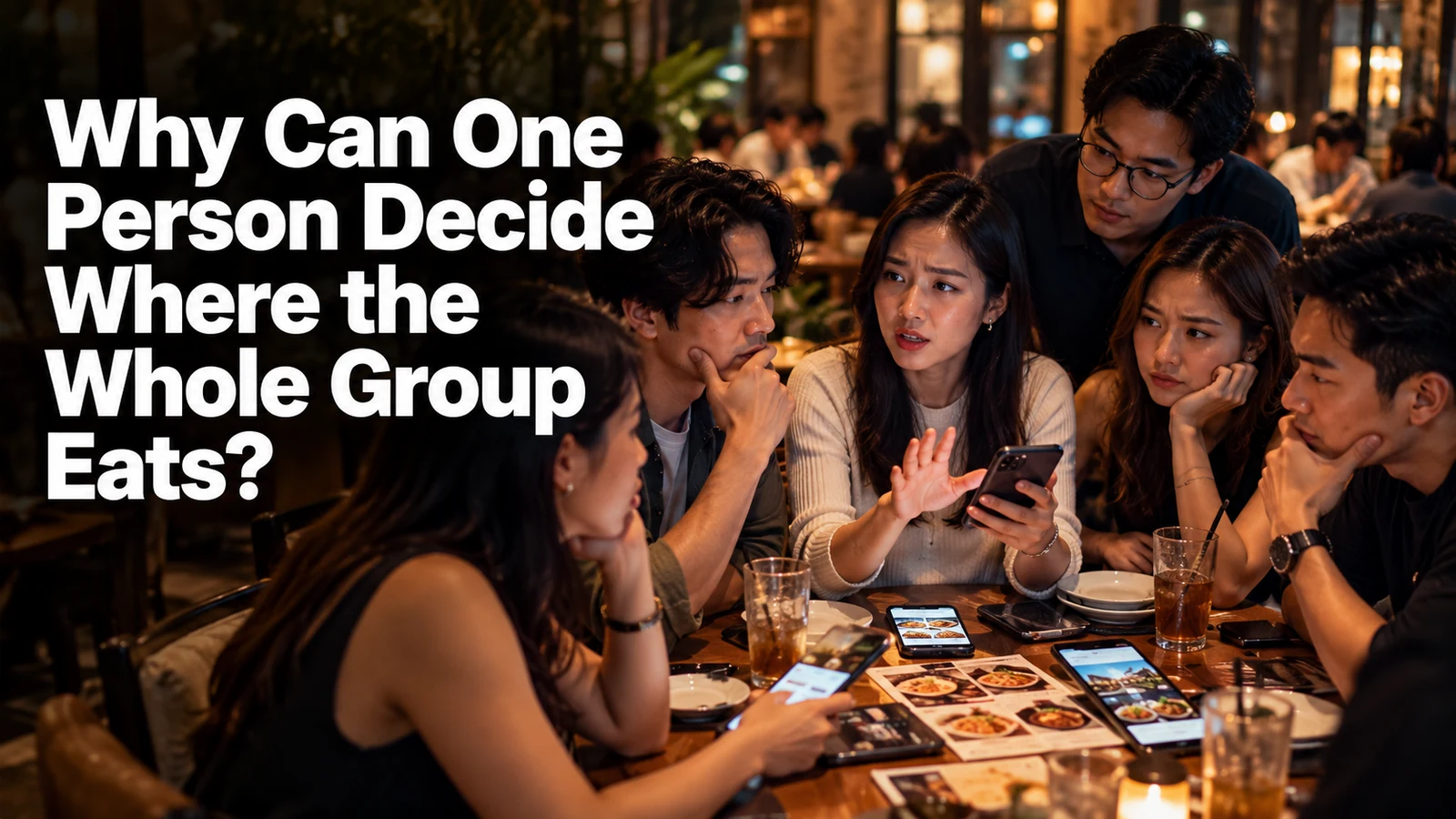 Six friends debating a restaurant choice together at a table, illustrating group decision psychology.