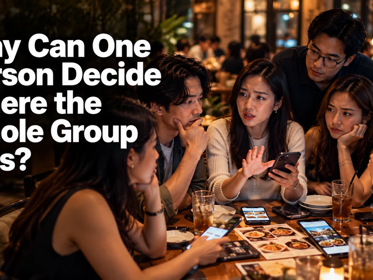 Friends debating a restaurant choice around a table.