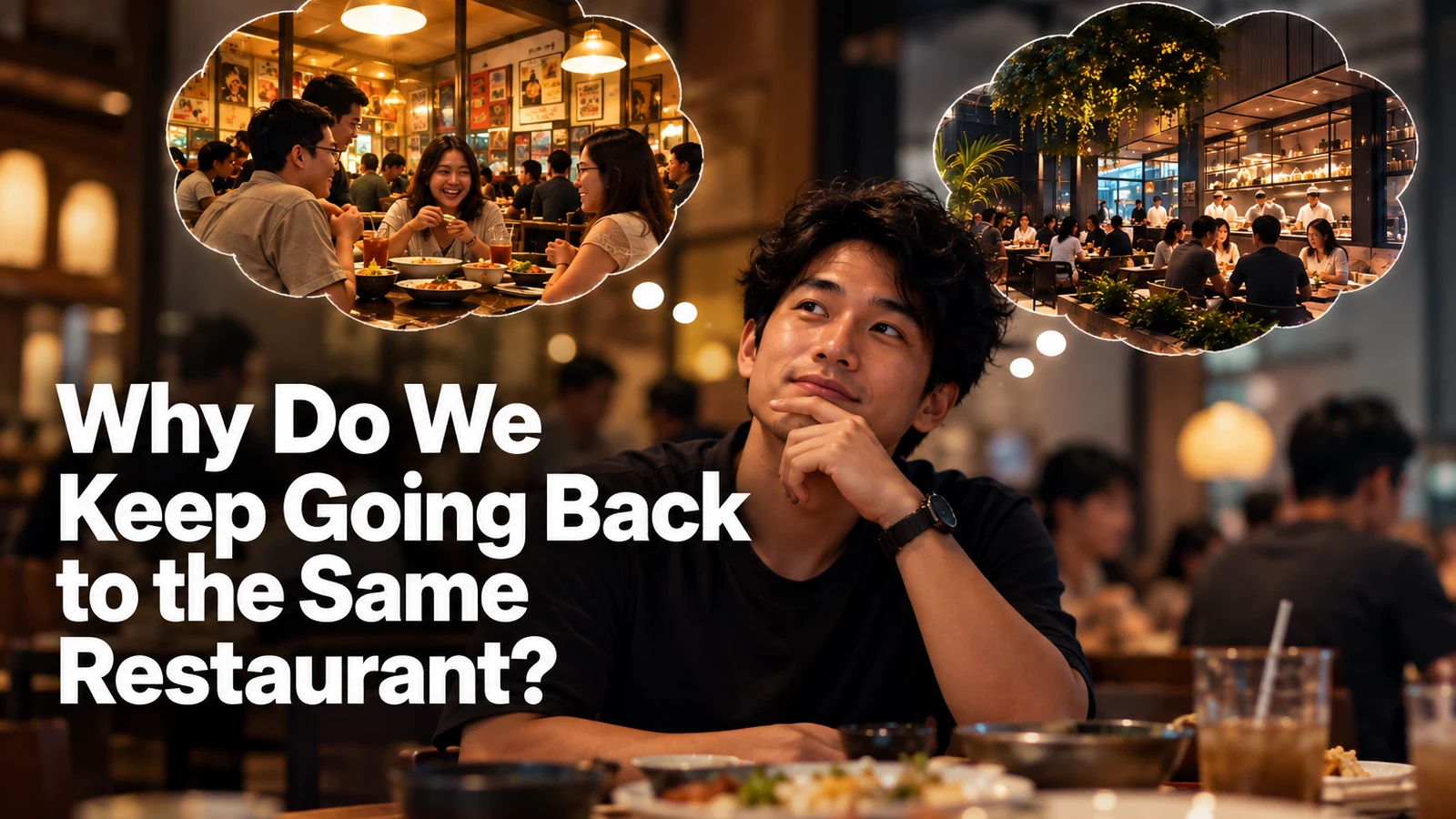 A diner weighing a familiar restaurant against a new restaurant, illustrating familiarity and novelty in restaurant choice.
