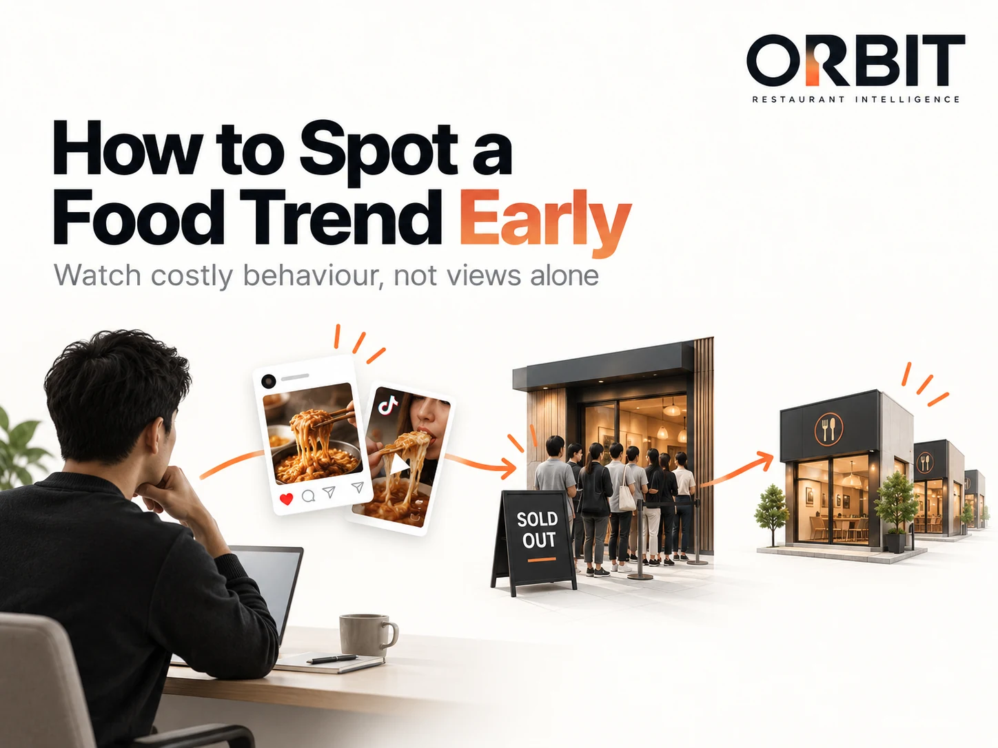 A clean research cover showing an analyst tracing creator posts into sold-out queues and restaurant expansion as early signals of a food trend.