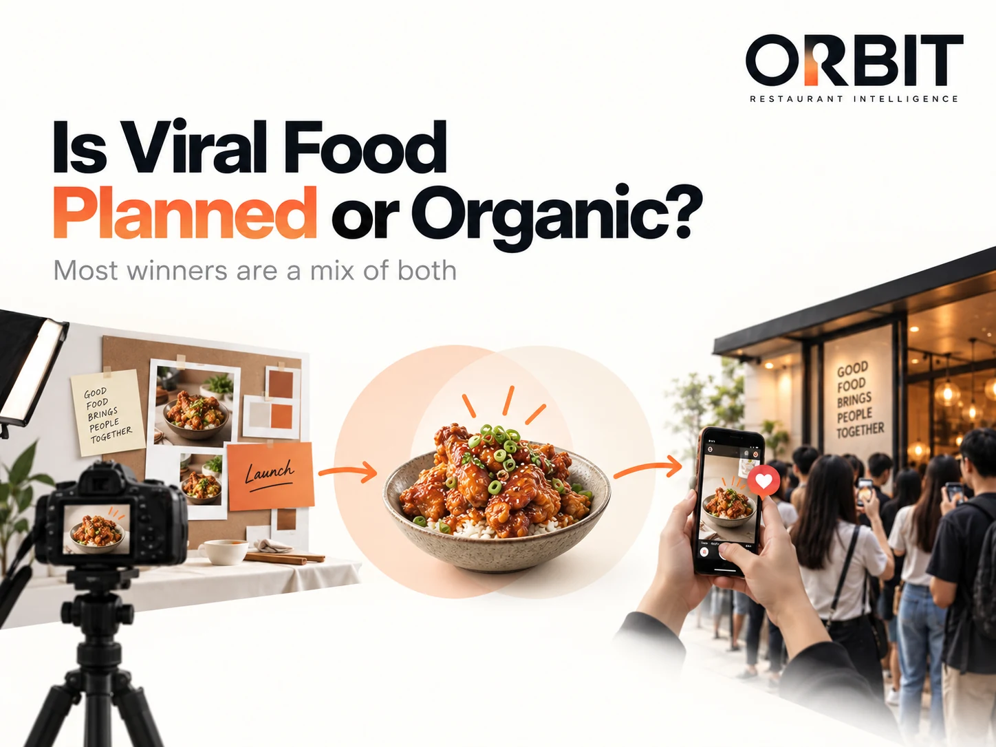 A minimal editorial visual showing a planned restaurant launch on one side and independent customer sharing and queues on the other, meeting around one food product.