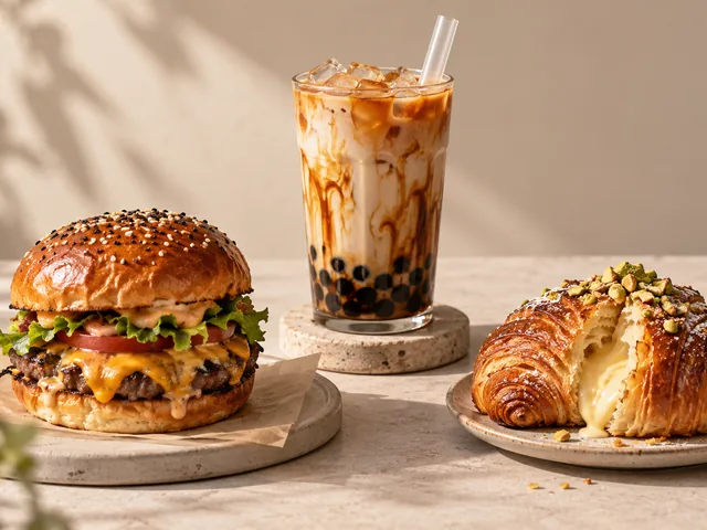 A burger, bubble tea and filled croissant presented together, representing food formats that can travel across countries and markets.