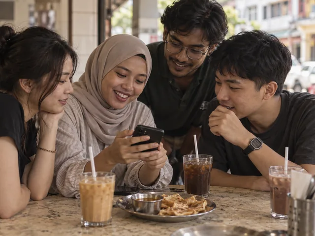 A group gathered around one phone at a dining table, representing food attention moving through social networks.