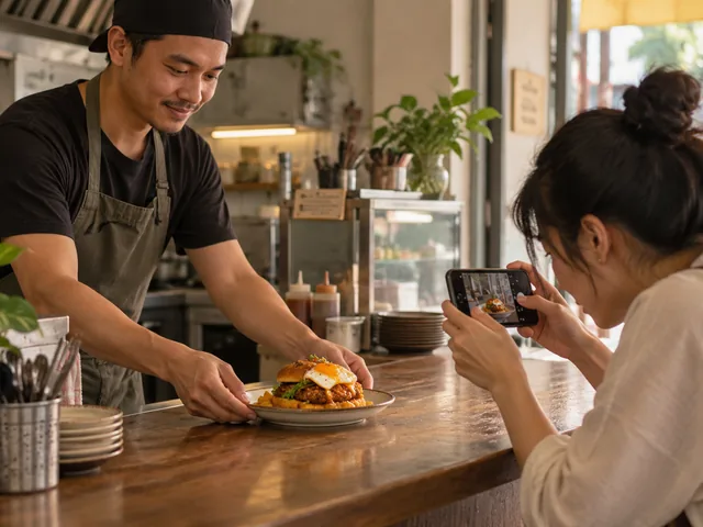 A customer photographing a newly served dish at the counter, representing an early signal before a food trend becomes obvious.