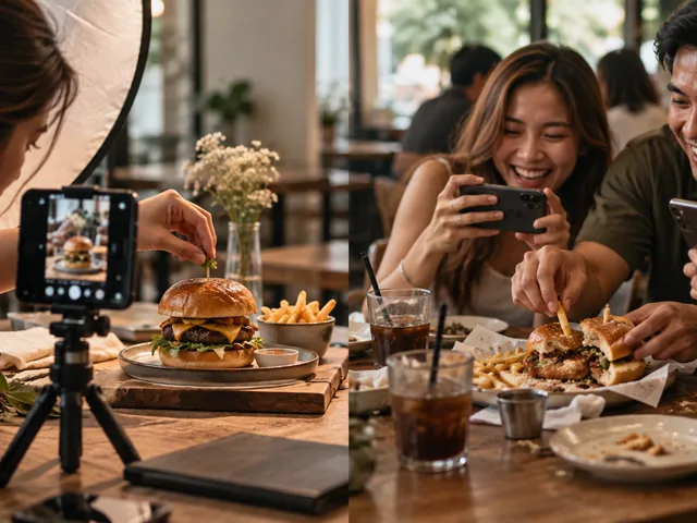 A staged food shoot beside a casual group meal, contrasting planned promotion with organic social sharing.