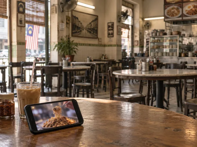 A food video playing on a phone beside an otherwise quiet restaurant, contrasting online views with real-world demand.