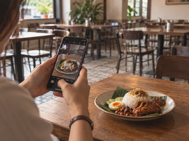 A diner photographing a single dish in a quiet restaurant, illustrating the difference between a food item and the attention forming around it.
