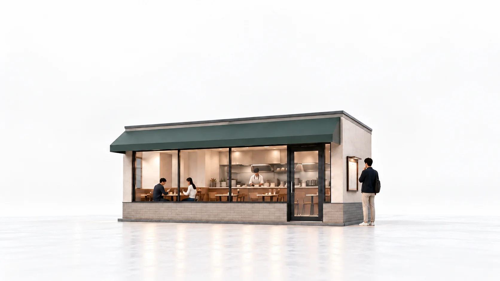 A diner pausing to check the menu before entering